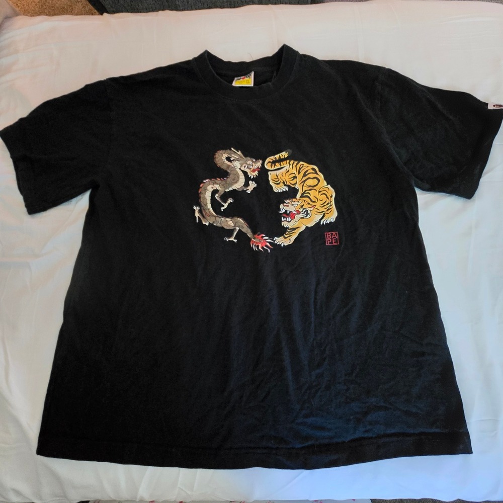 A Bathing Ape Dragon Tiger Graphic Tee  XL Black Streetwear Short Sleeve Shirt